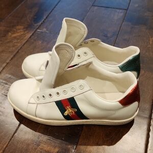 Stylish womens White Sneakers with Red and Green Accents